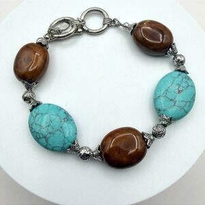 Vintage Y2K Silver Tone Turquoise Beaded‎ Bracelet Boho Women's Classic Jewelry